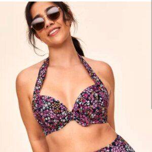 Adore Me Size 38C Shelby Swimwear Top Sugar Rush Black Floral Halter Underwire
